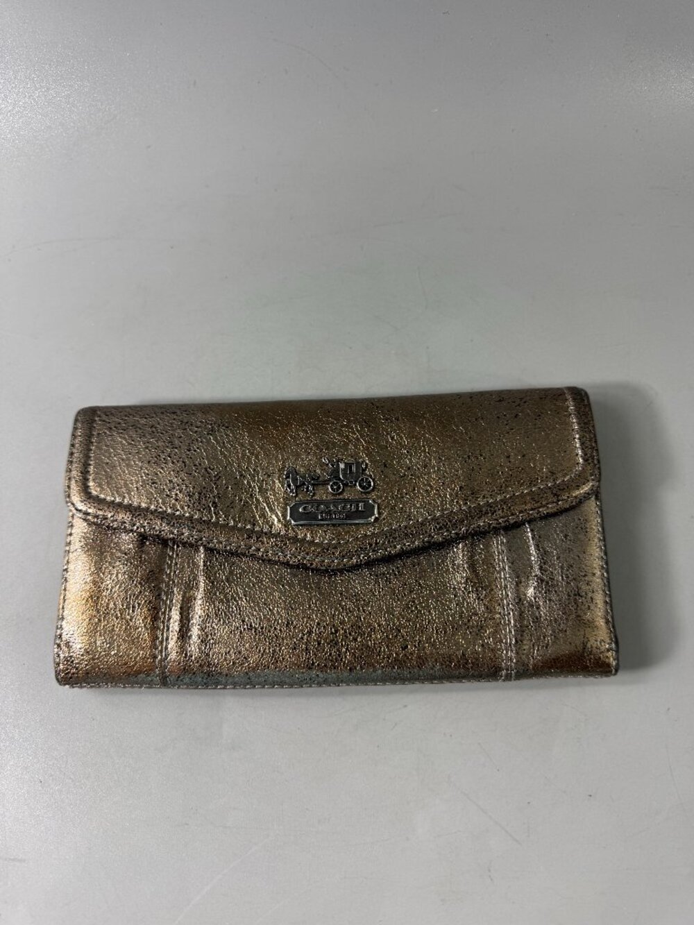 Authentic Vintage Coach Madison Metallic Gunmetal Patent Leather Long Wallet